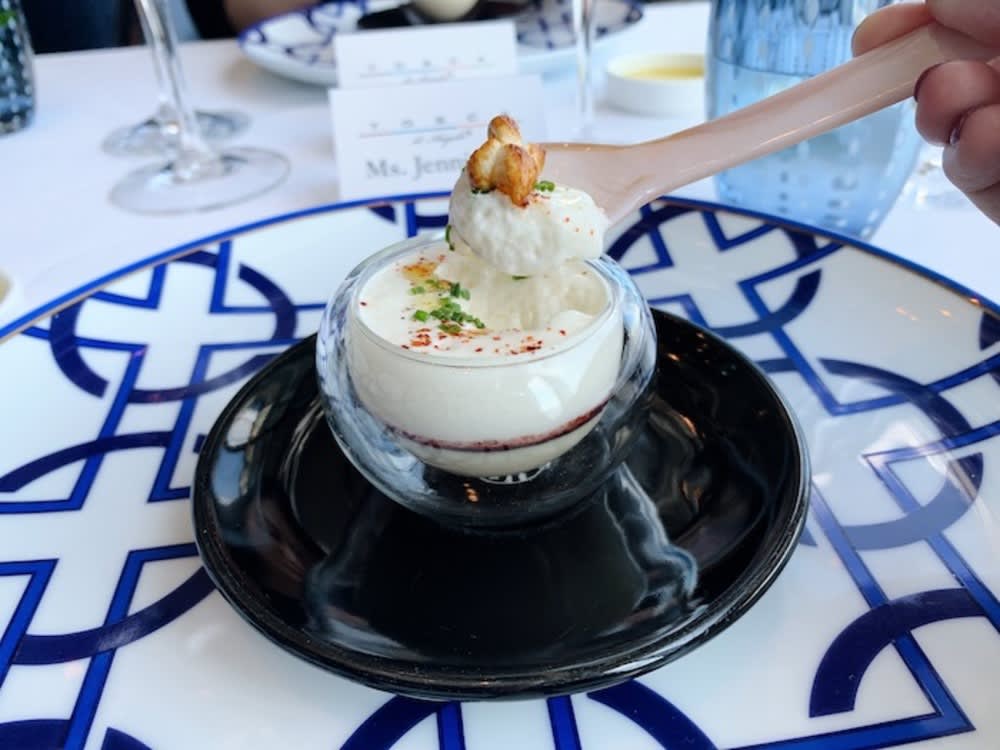 Image title Fried corn foam with port wine and foie gras mousse