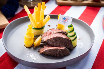 Green Tea smoked Brandt prime Hanger Steak, Mashed Potatoes, beef Jus