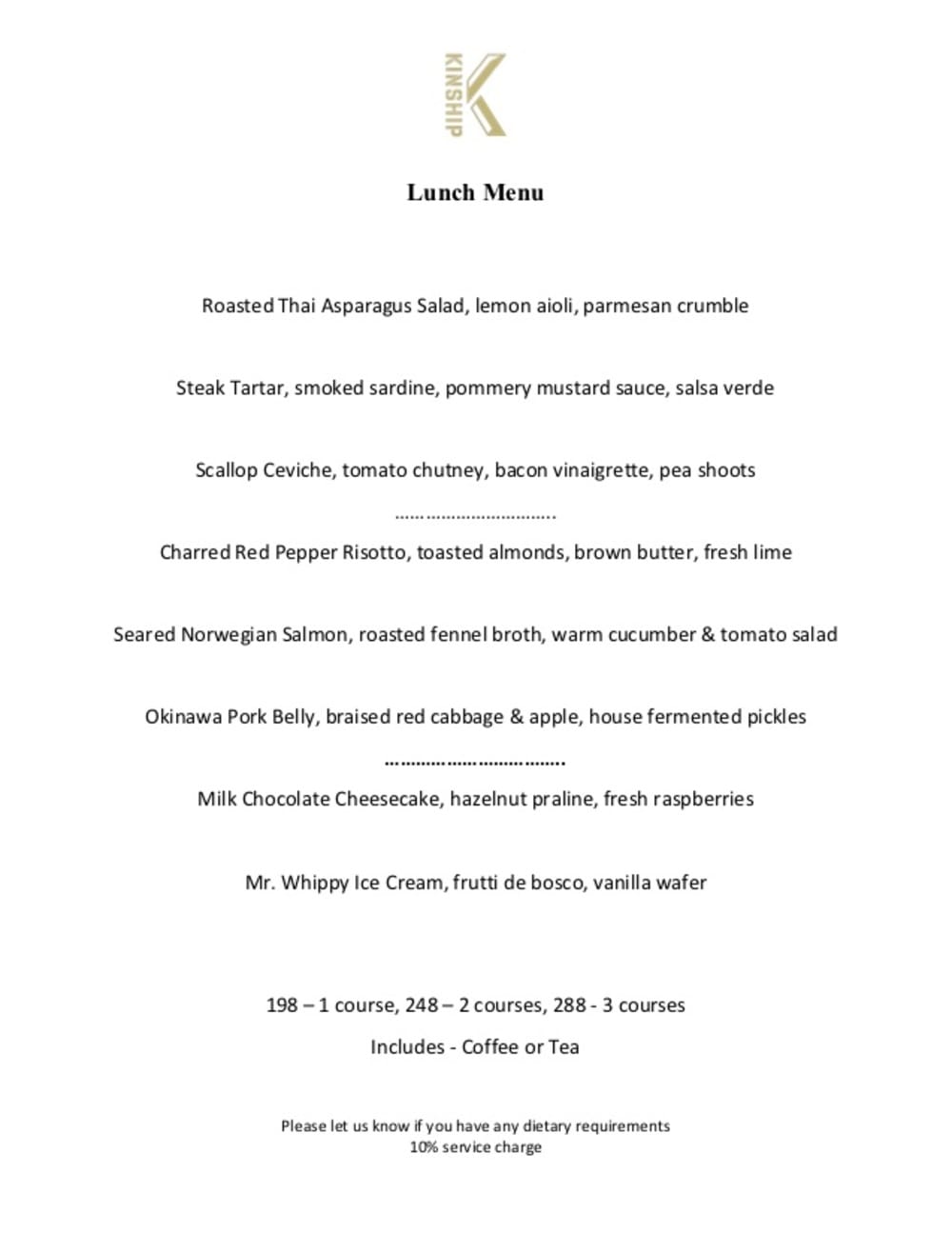 The Kinship Lunch Menu Feb 2020