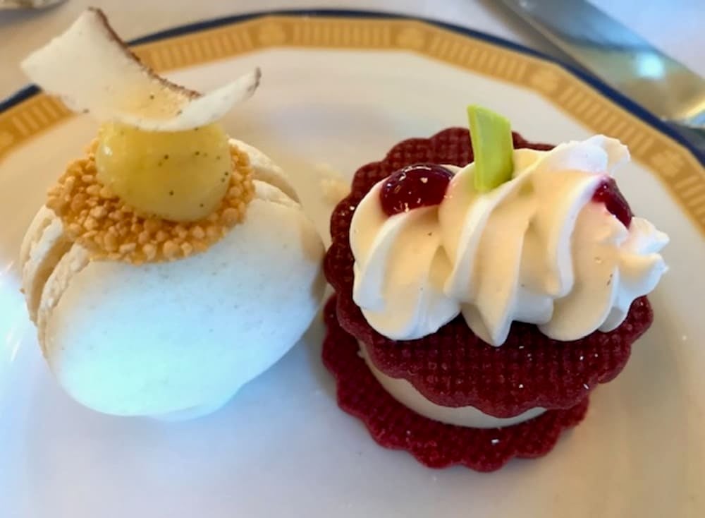 Astonishingly delicious coconut macaron and cookie filled with chestnut mousse and a bit of scrumptious jelly at The Peninsula Hong Kong