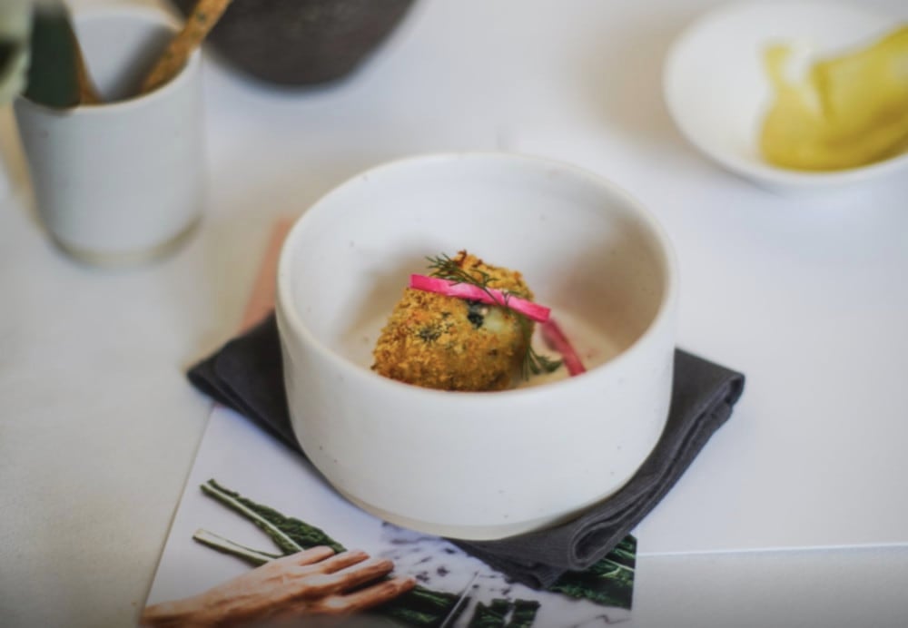 Kale croquette with cashew tzatziki and pickled kohlrabi