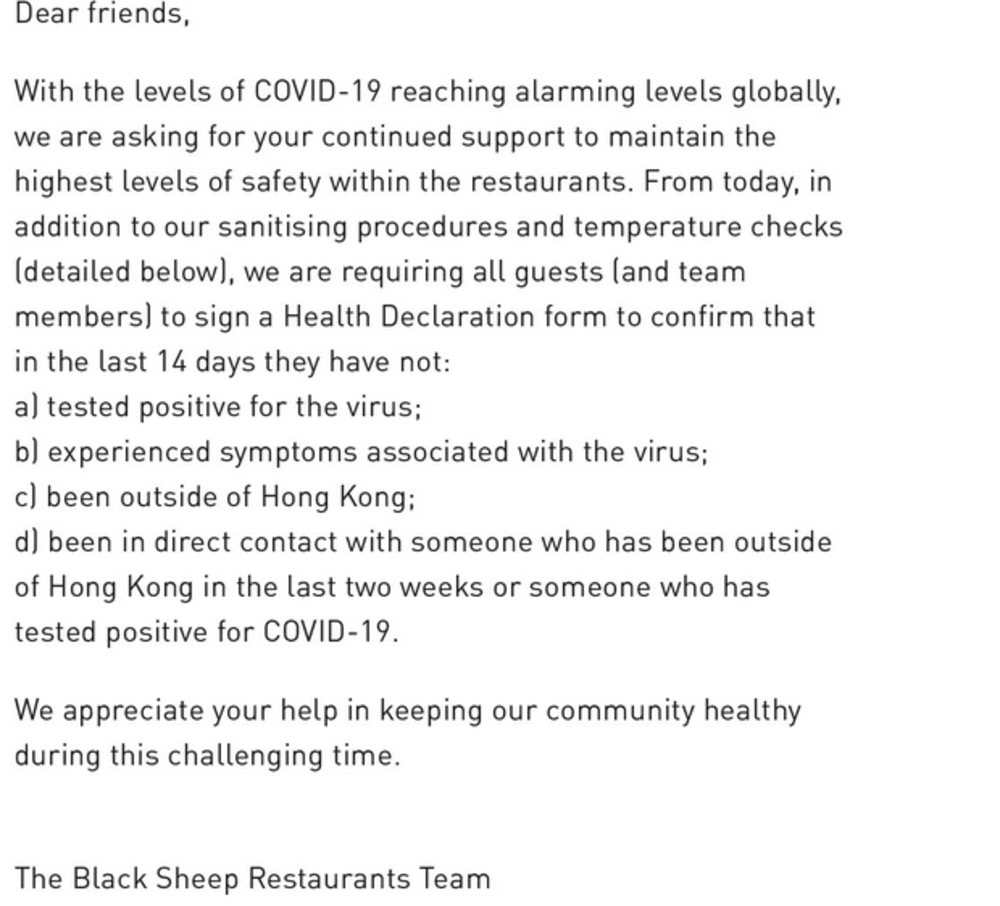 Black Sheep Restaurants’ recent statements to diners