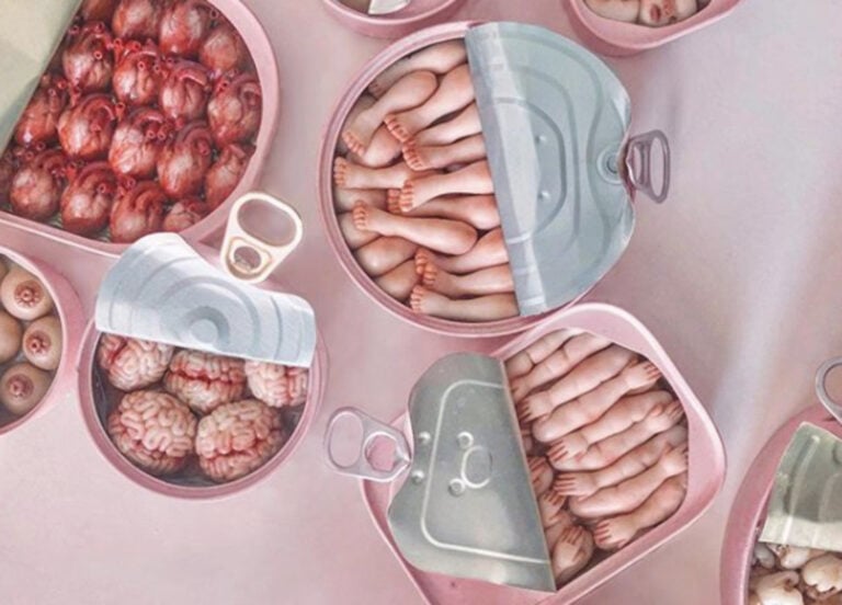 Tins of tiny sculpted limbs.. This creepy dim sum is art of course