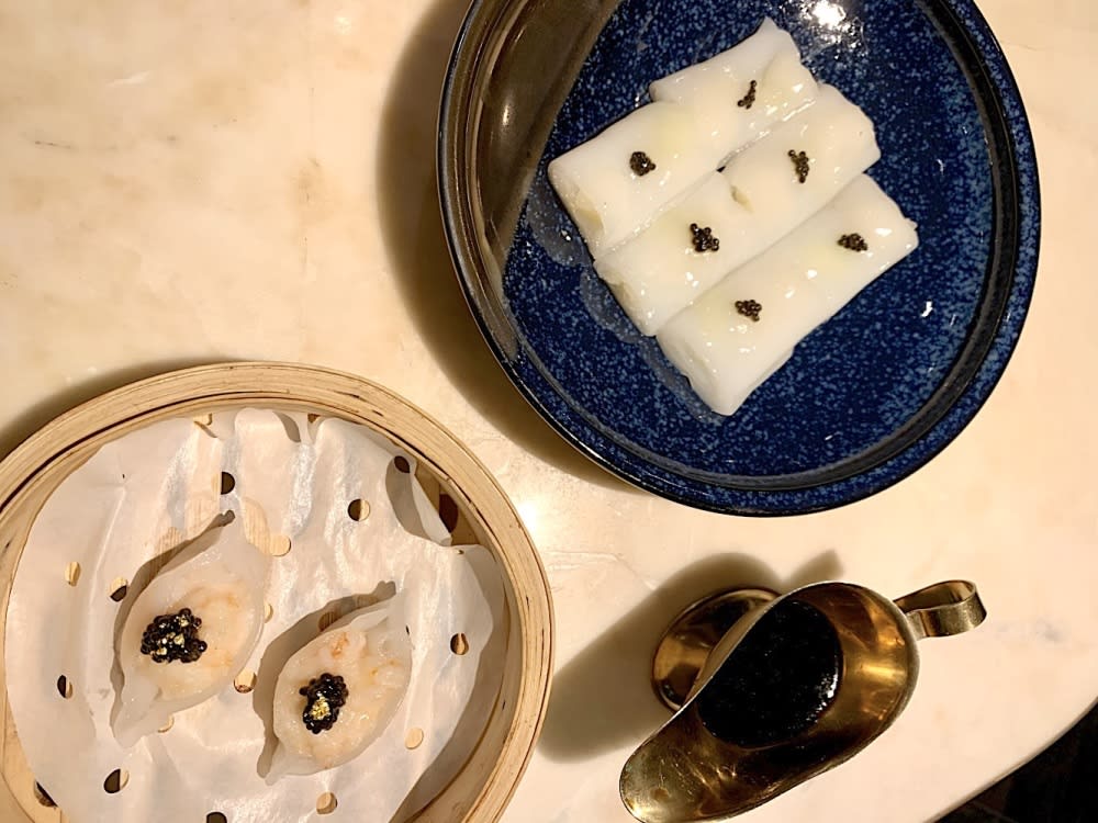 Prunier caviar scallop and asparagaus cheung fun ($160) and har gow ($100/2)