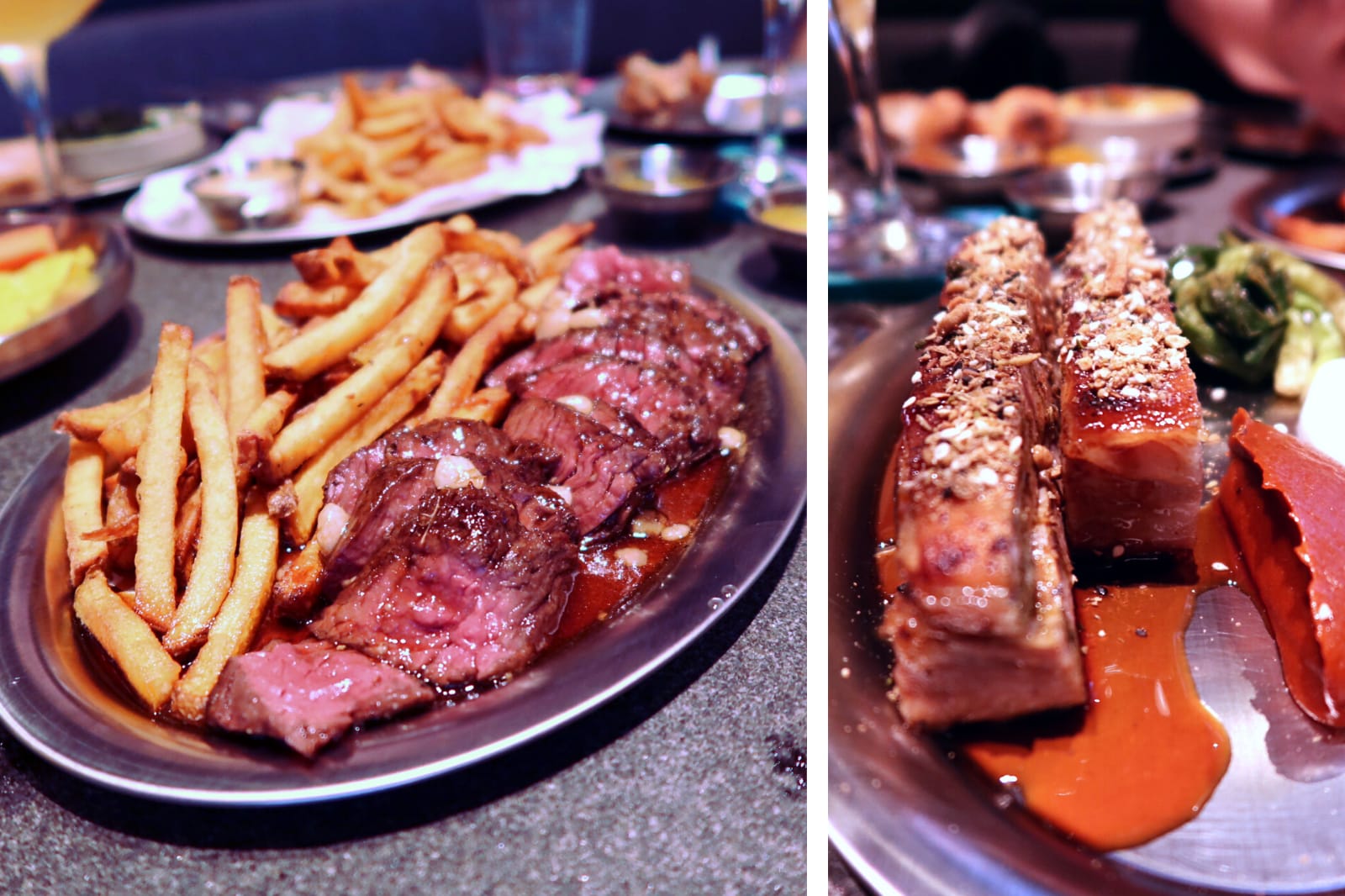 Hanger steak frites and slow-cooked, pan-seared lamb belly at Carbon Brews Central