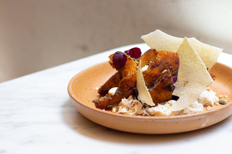 Pumpkin and crab meat with homemade yoghurt
