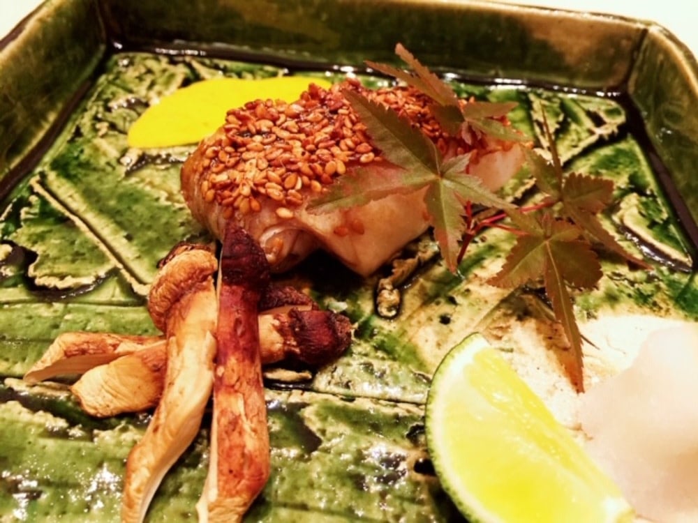 Sea perch chargrilled with matsutake mushrooms