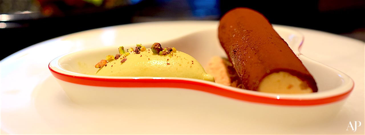 Chocolate cigar with pistachio ice cream